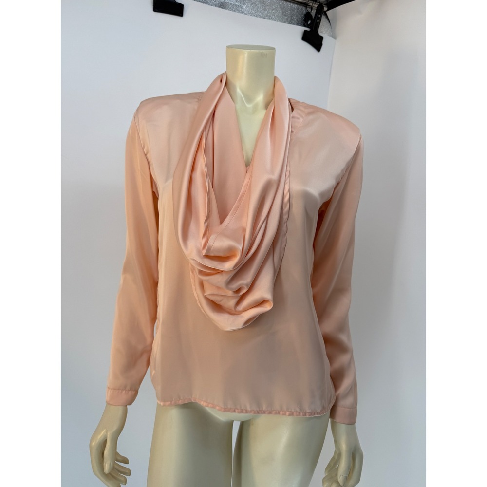 Vintage Peach Satin Handmade Blouse with Detachable Neck Tie Scarf Bow Womens